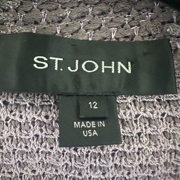 St. John Purple Metallic Textured Tweed Open Front Knit Blazer Jacket Size 12 - Picture 6 of 9